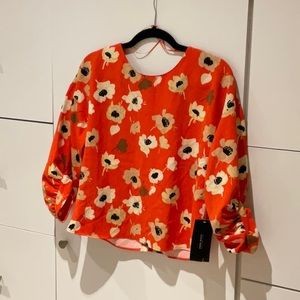 NWT Zara Orange Poppy Blouse V-Back Button Up cute Sleeve Detail Shirt NWT Sm